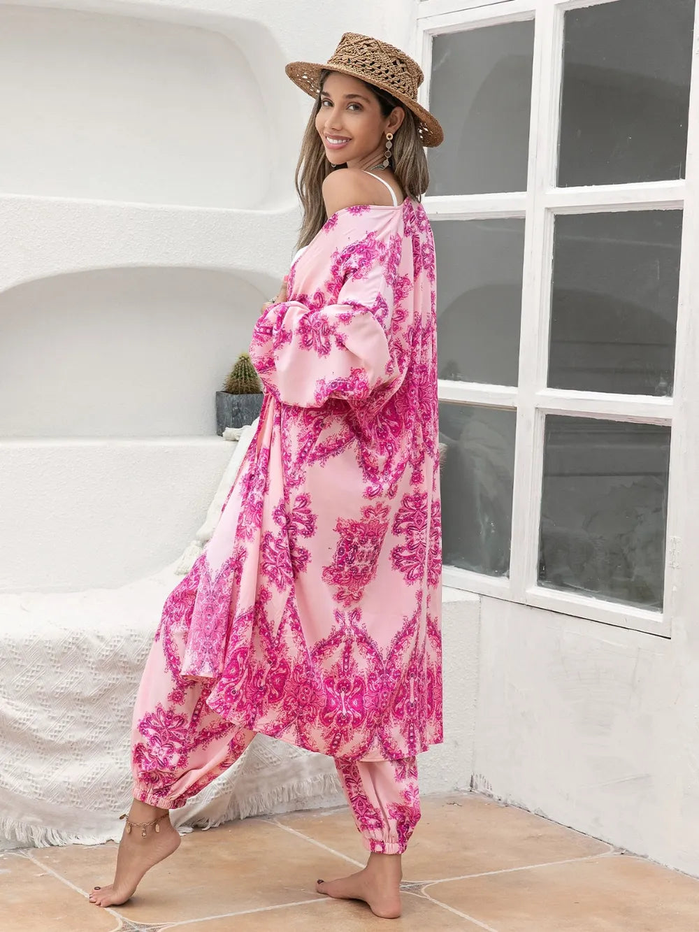 Printed Open Front Top and Pants Set nicholesgifts
