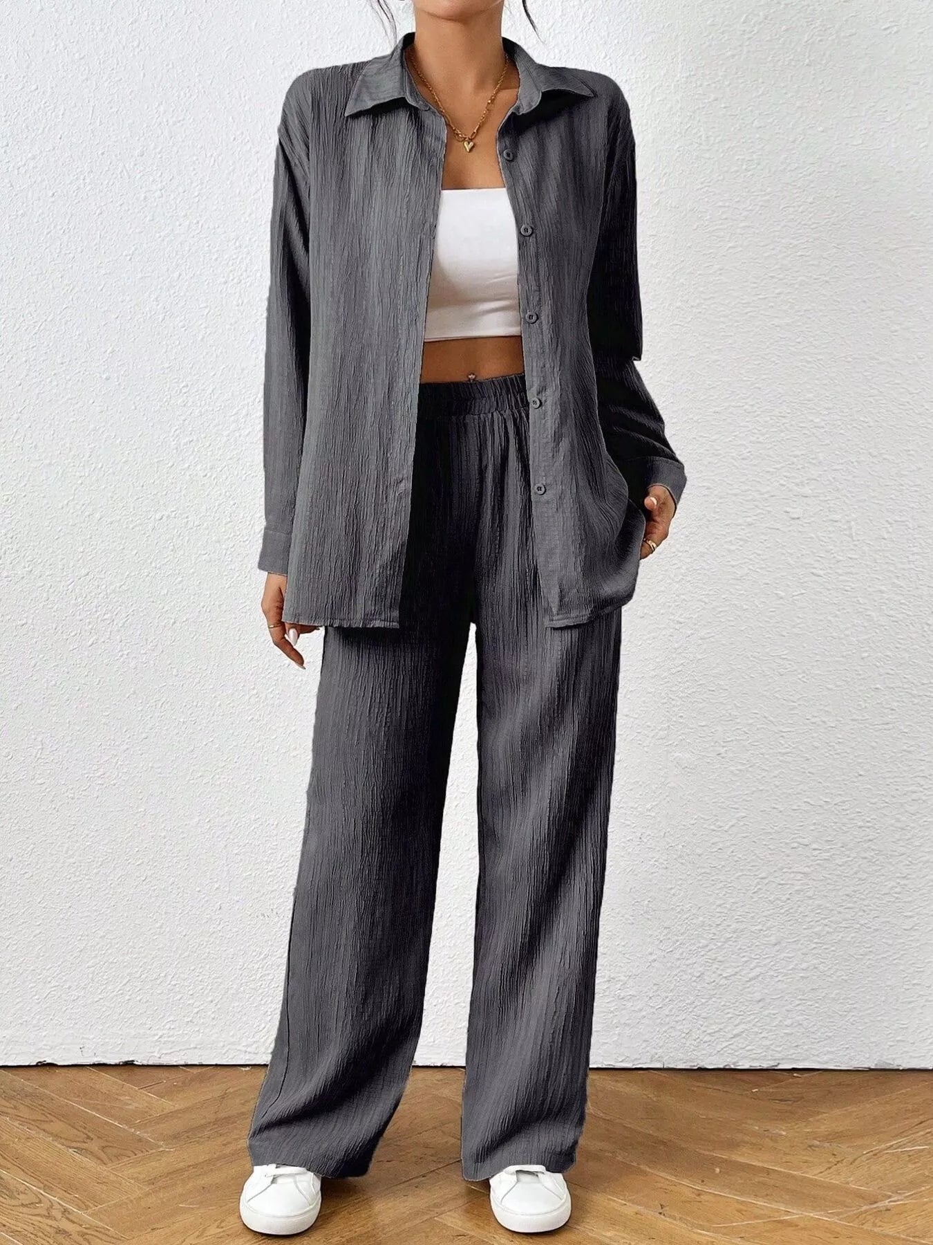 Button Up Long Sleeve Shirt and Pants Set Trendsi