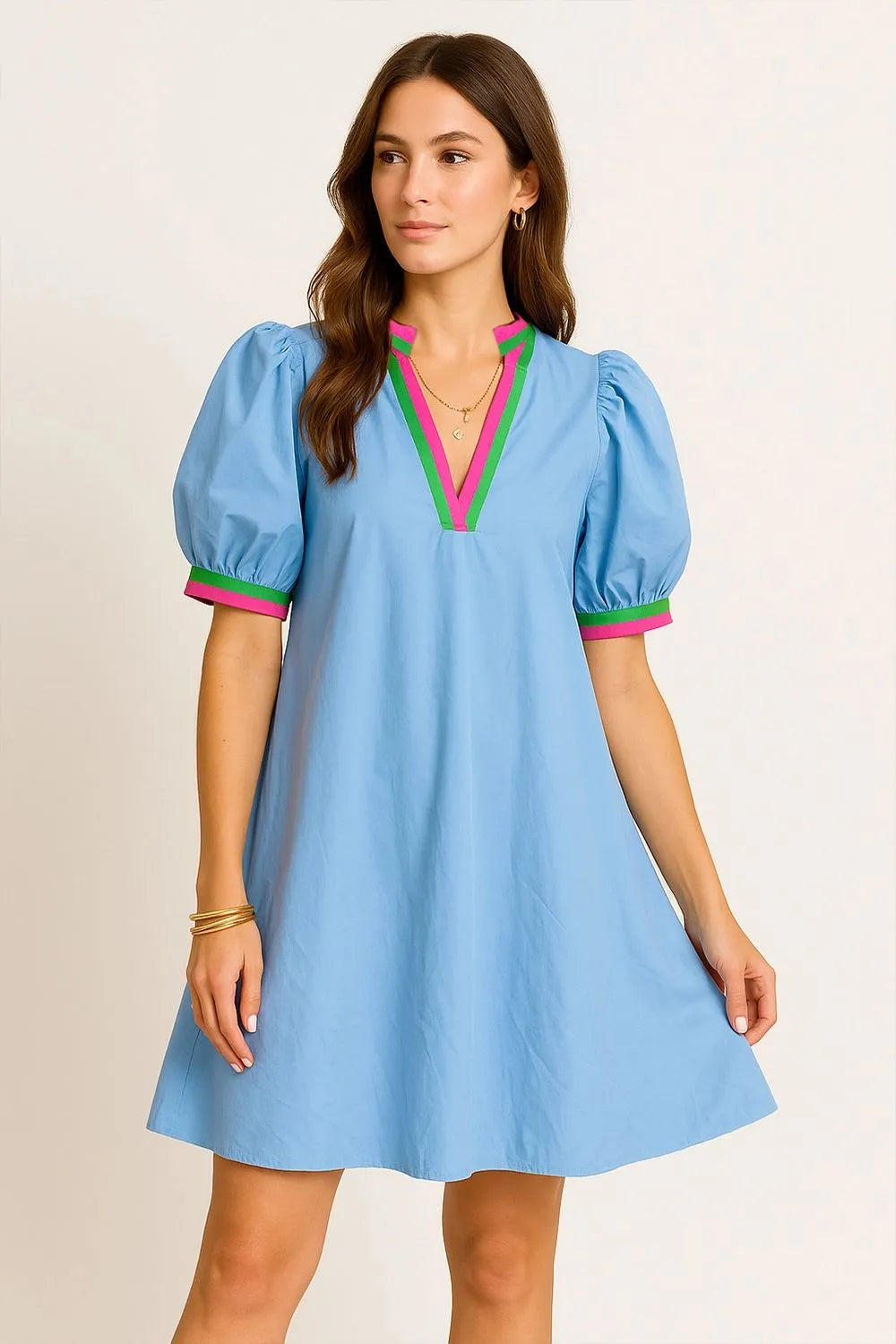 Notched Puff Sleeve Swing Dress Trendsi