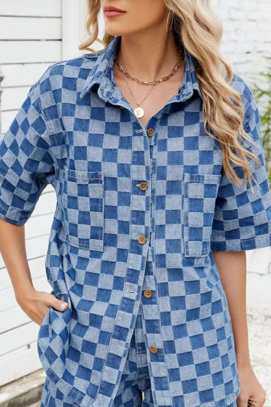 Button Down Checkered Denim Shirt Trendsi