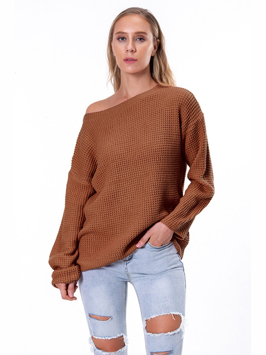 Boat Neck Drop Shoulder Long Sleeve Sweater nicholesgifts