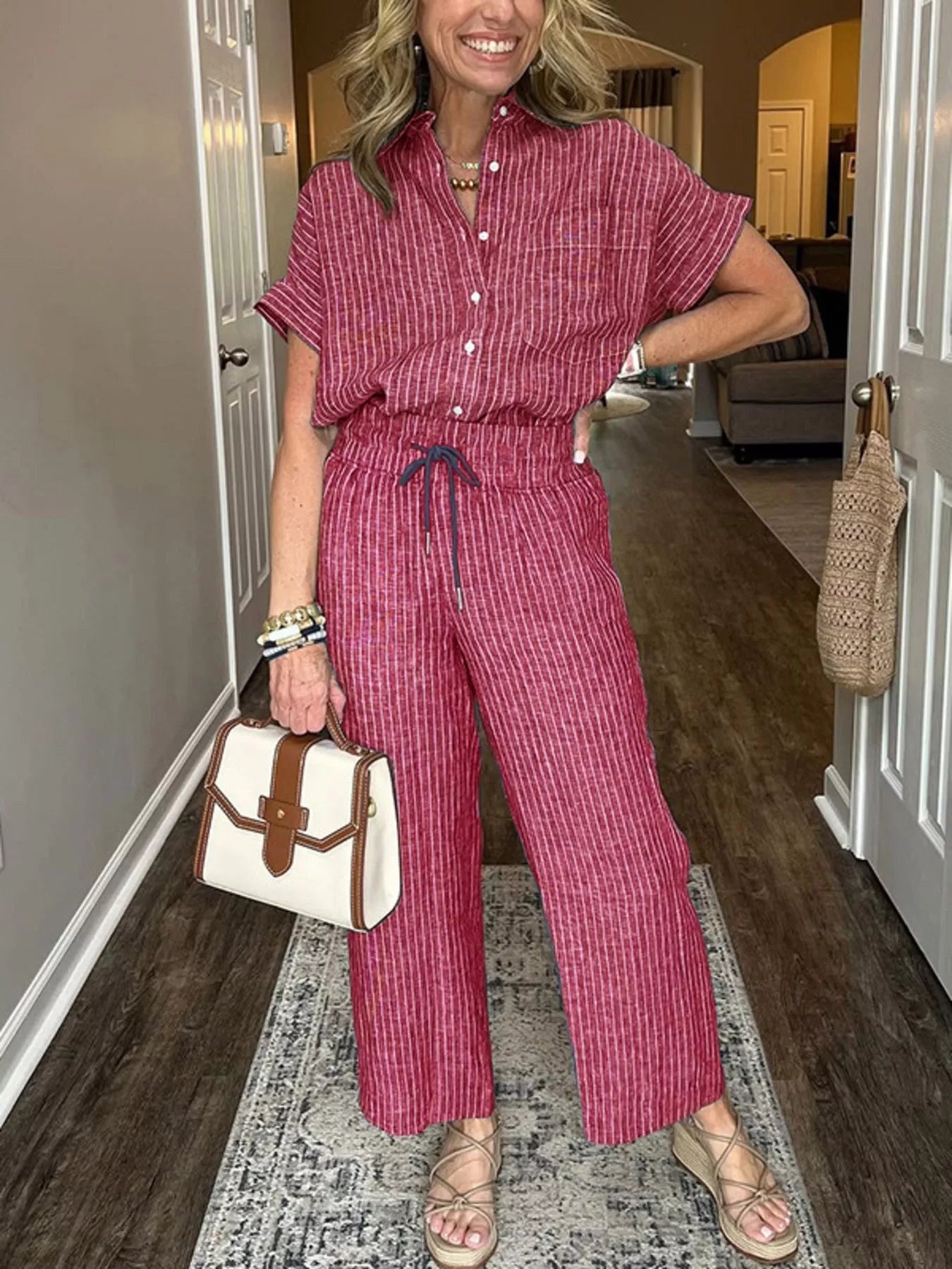 Full Size Striped Button-Up Shirt and Wide Leg Pants Casual Set Plus Size Trendsi