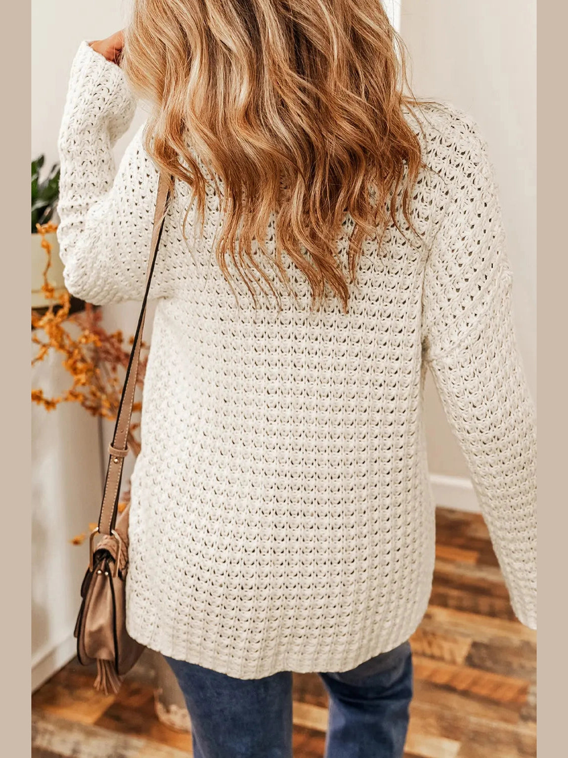 Openwork Round Neck Long Sleeve Sweater Trendsi