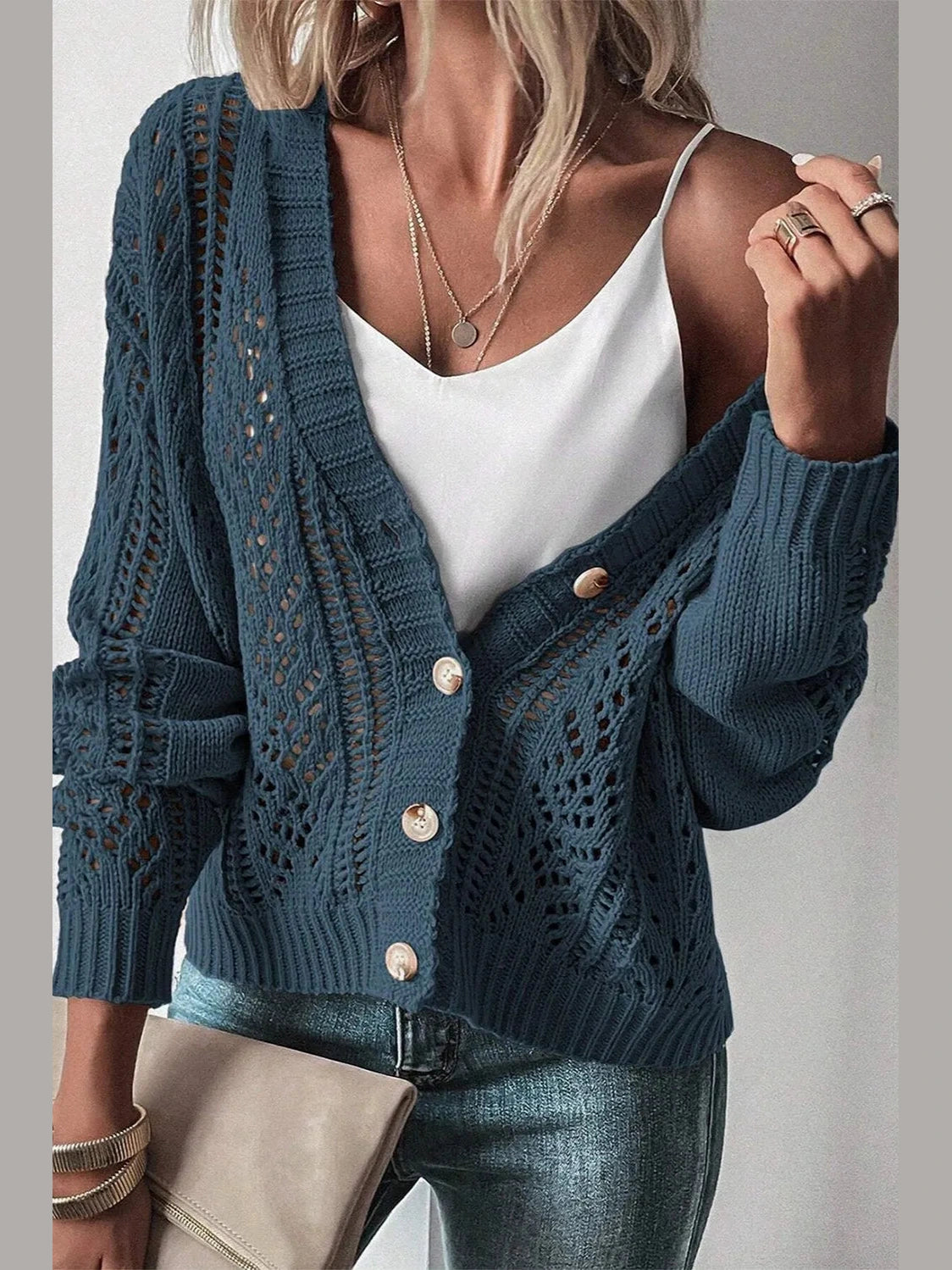 Openwork Button Up Long Sleeve Cardigan NicholesGifts