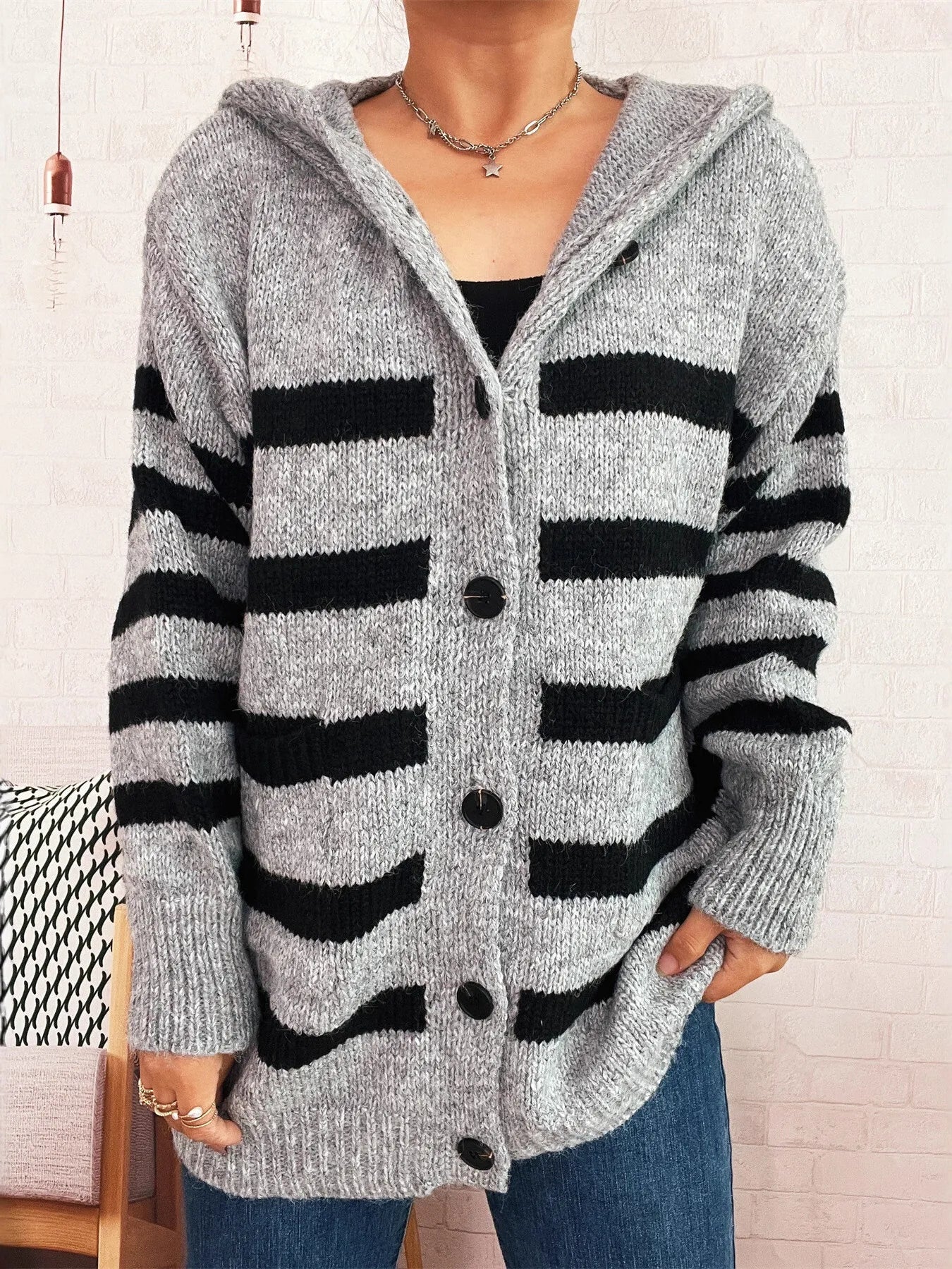 Striped Button-Up Hooded Cardigan