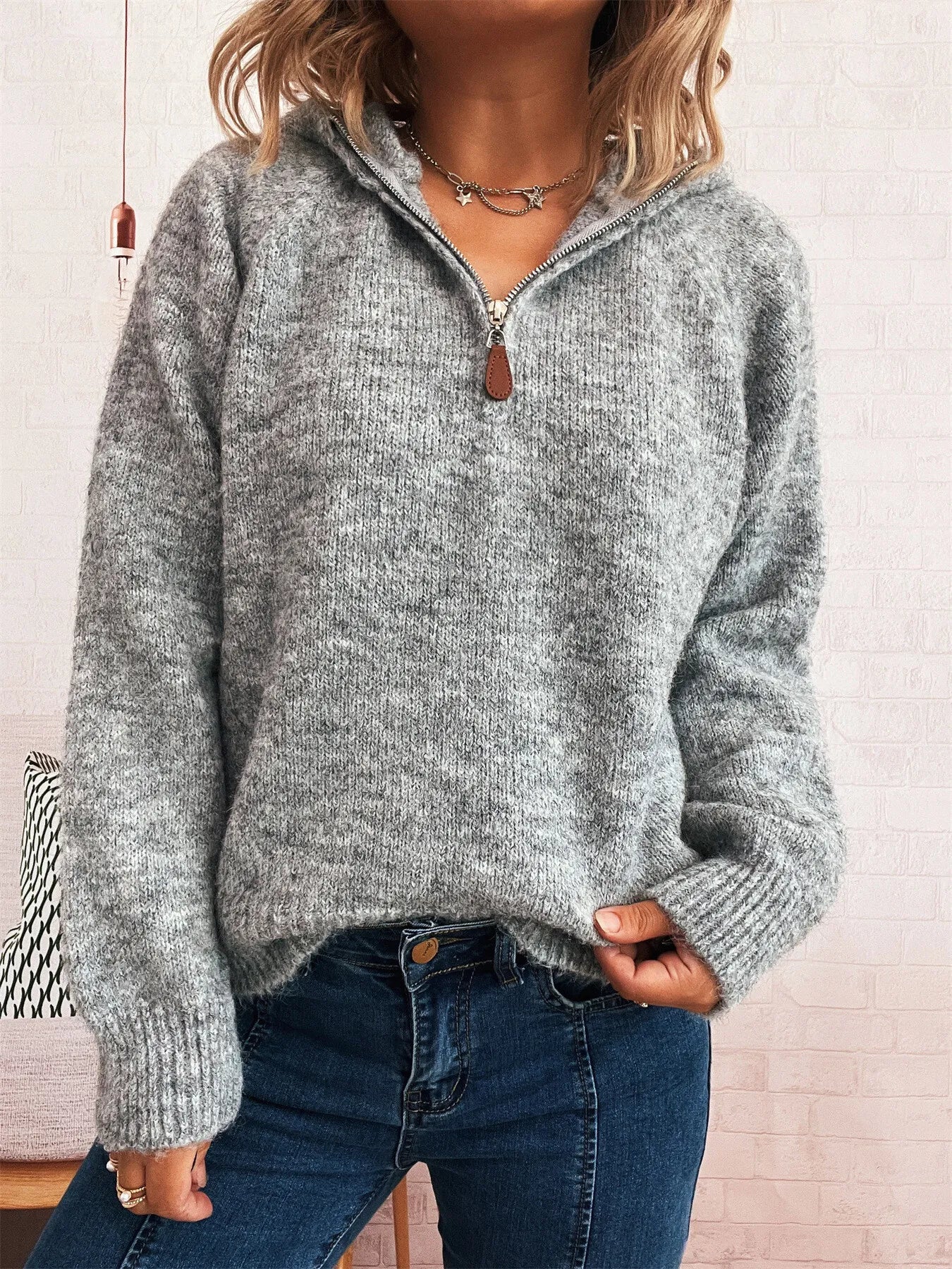 Quarter Zip Ribbed Hem Sweater