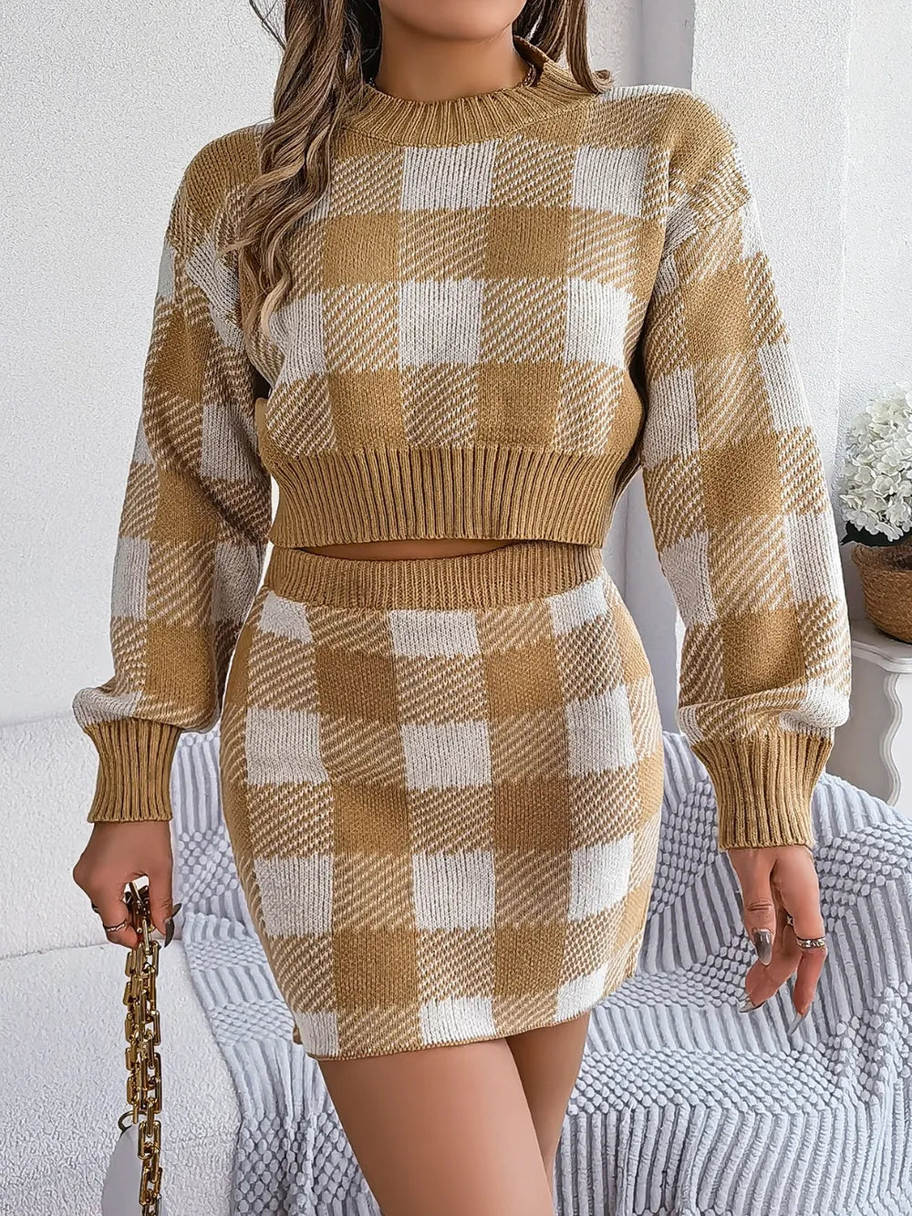 Plaid Round Neck Top and Skirt Sweater Set nicholesgifts