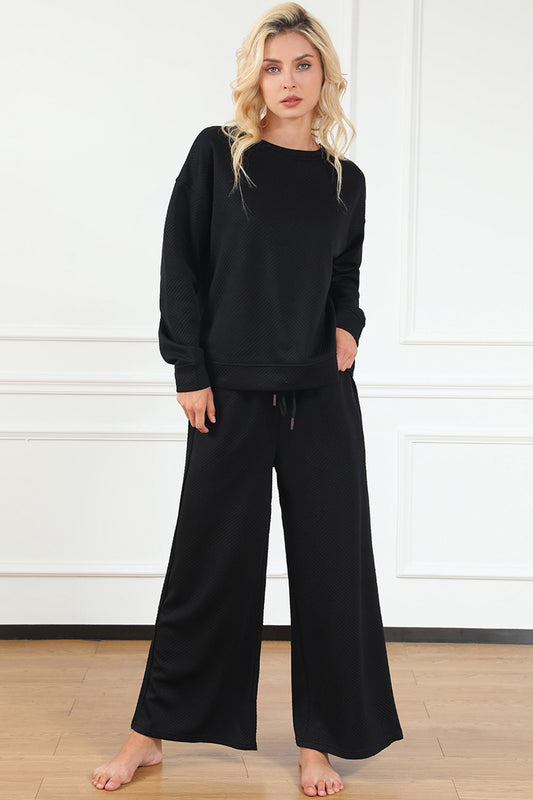 Double Take Full Size Textured Long Sleeve Top and Drawstring Pants Set NicholesGifts