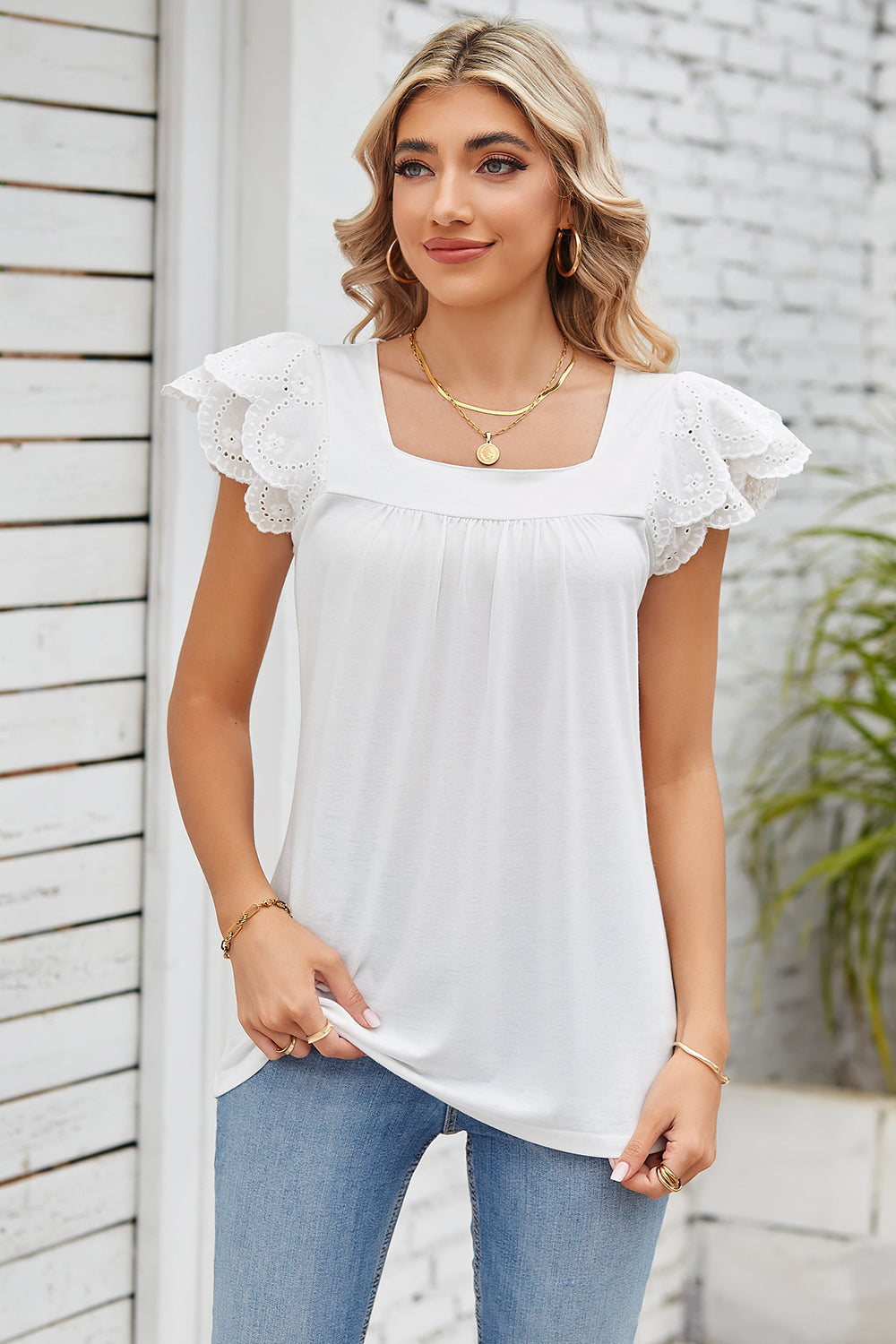 Eyelet Square Neck Cap Sleeve Blouse nicholesgifts