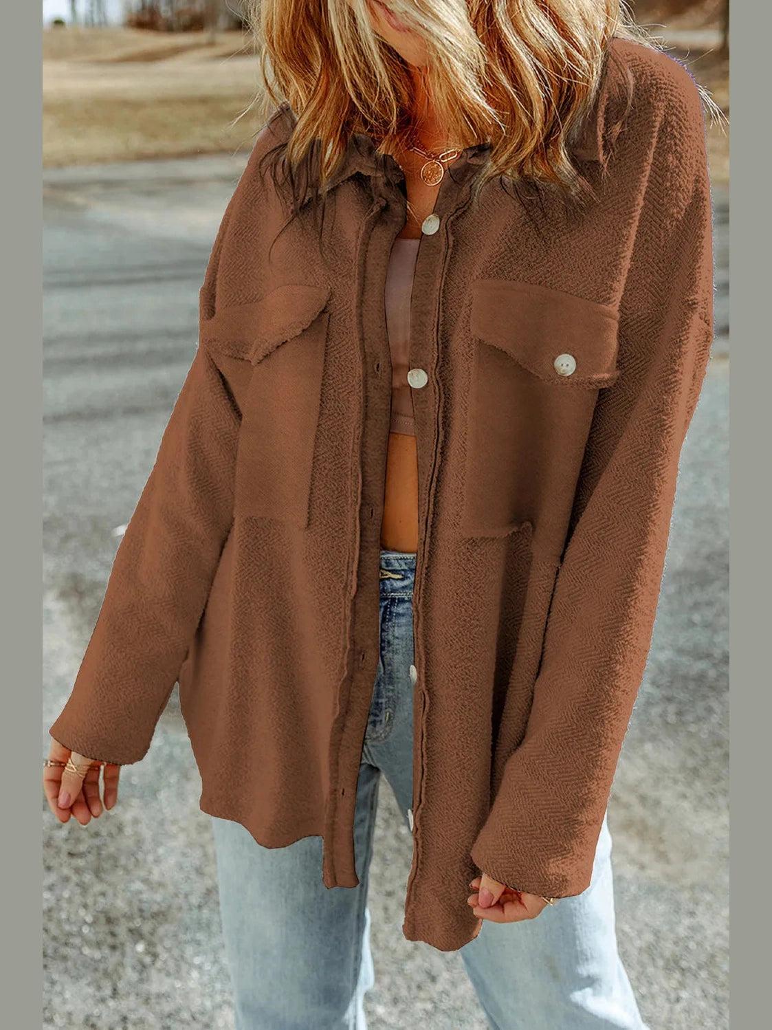 Pocketed Button Up Droppped Shoulder Jacket nicholesgifts
