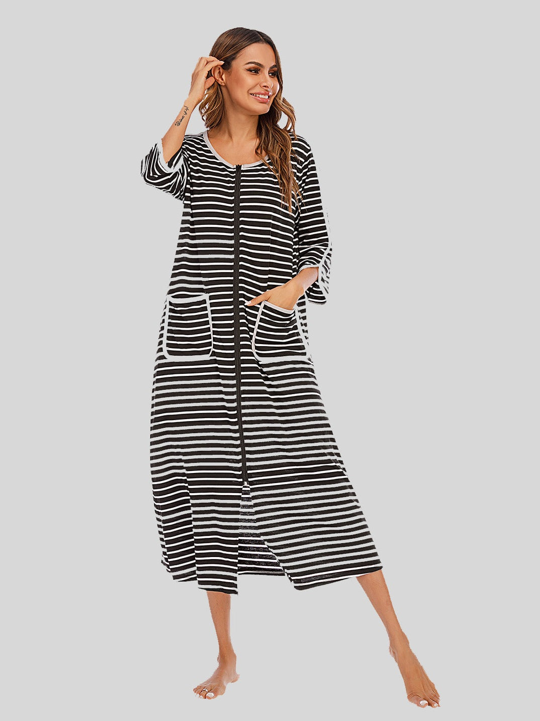 Round Neck Three-Quarter Sleeve Midi Night Dress nicholesgifts