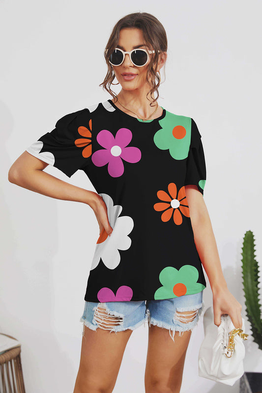 Women Flower Round Neck Short Sleeve Blouse nicholesgifts