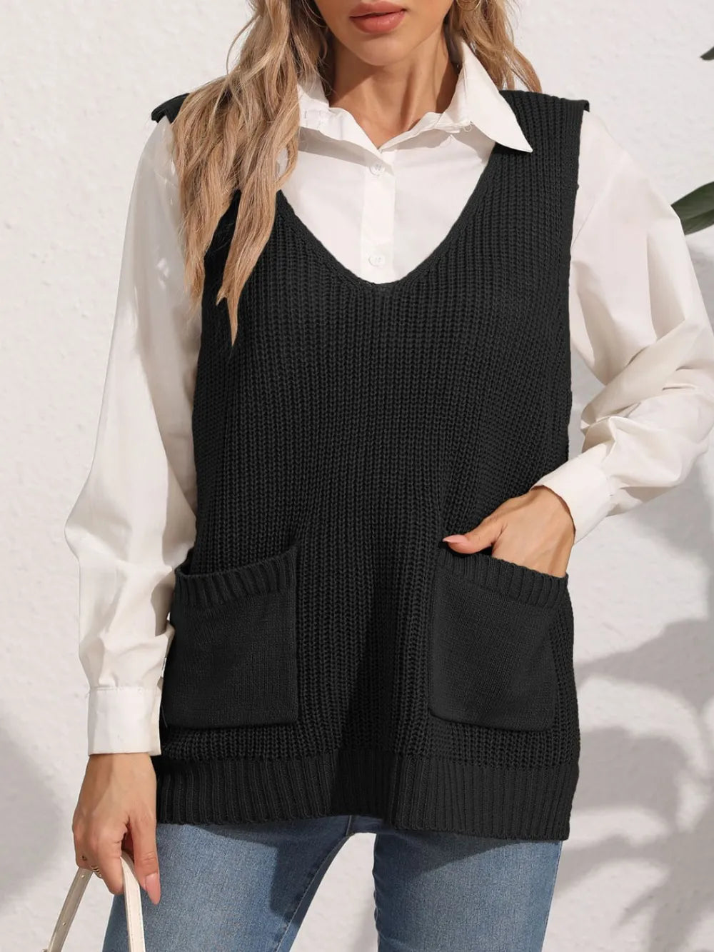 Pocketed V-Neck Sweater Vest nicholesgifts