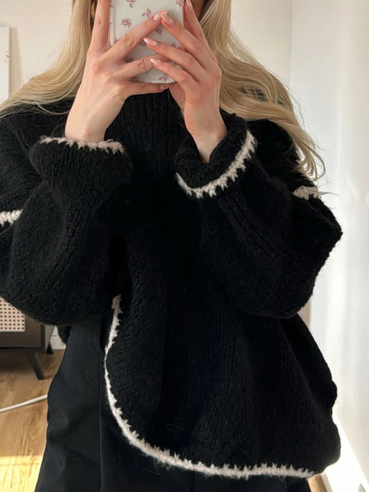 Women Contrast Trim Oversized Sweater nicholesgifts