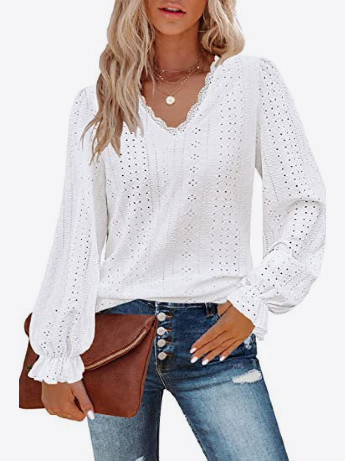 Eyelet V-Neck Flounce Sleeve Blouse
