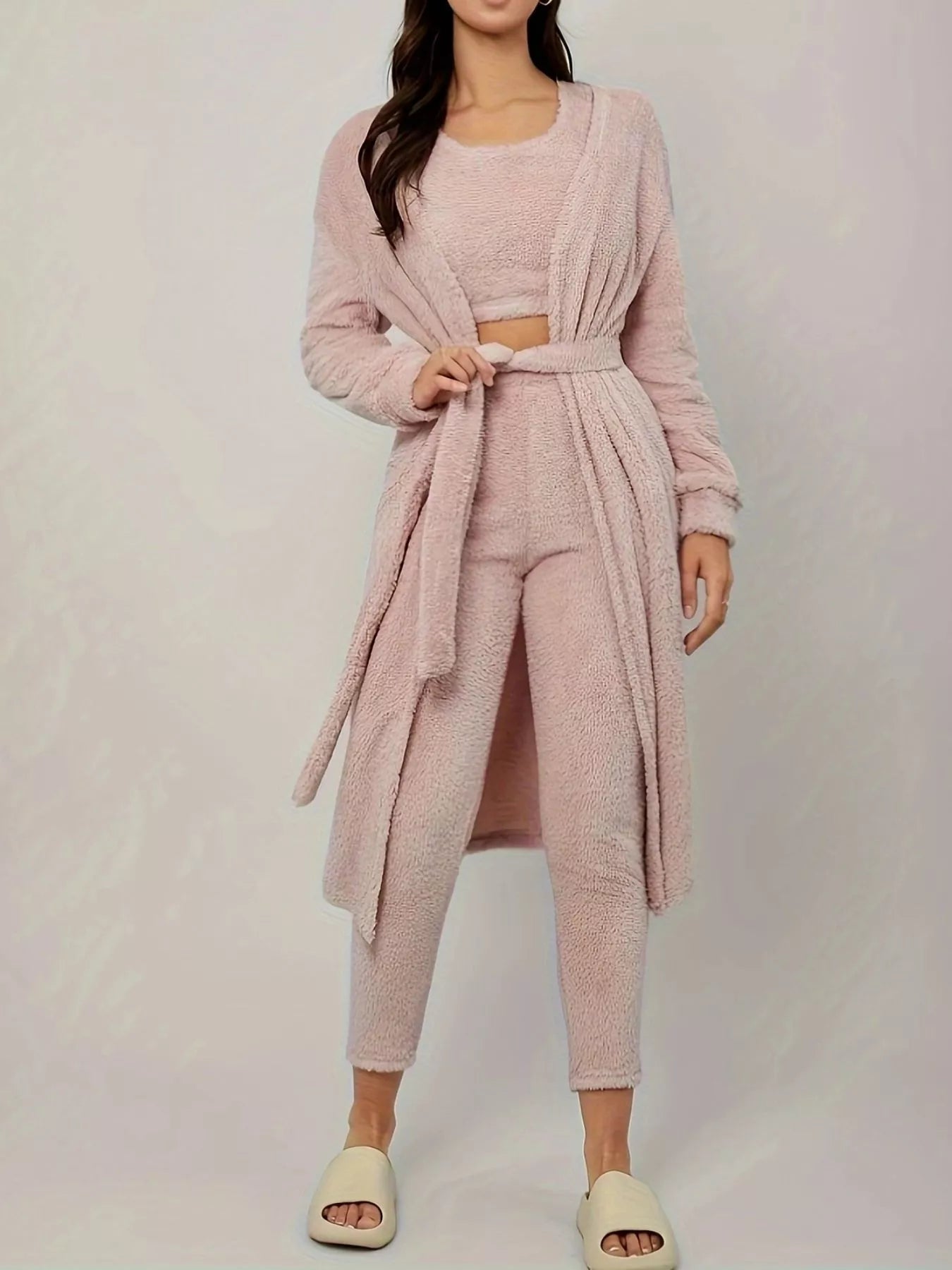 Fuzzy Tank Long Sleeve Cardigan and Pants 3-Piece Lounge Set Trendsi