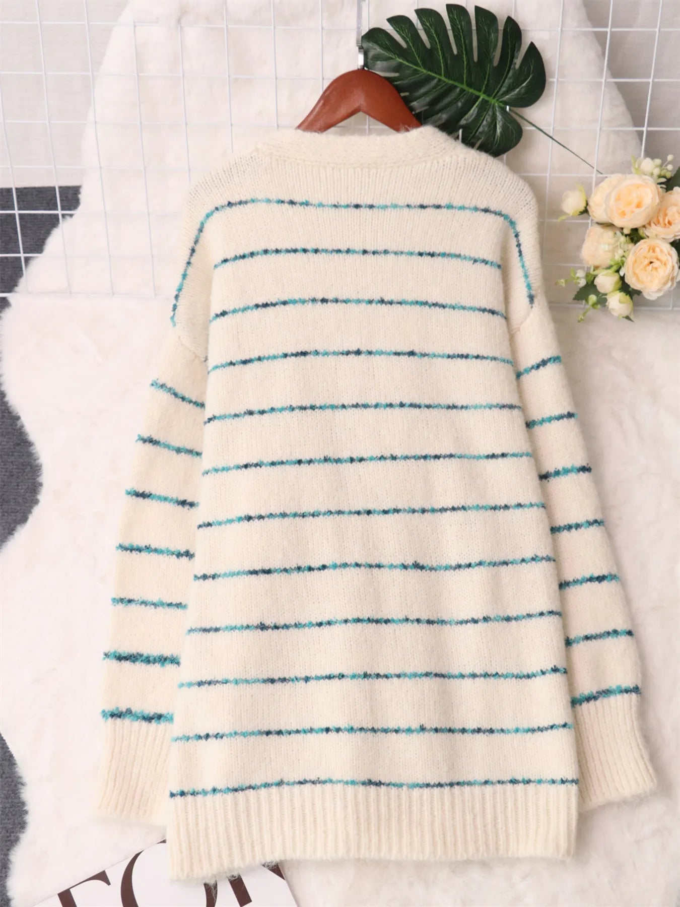 Striped Button-Up Cardigan with V-Neck Design