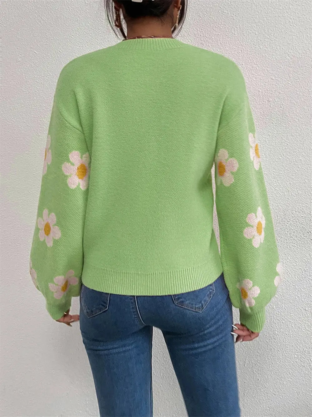 Flower Round Neck Latern Sleeve Sweater Trendsi