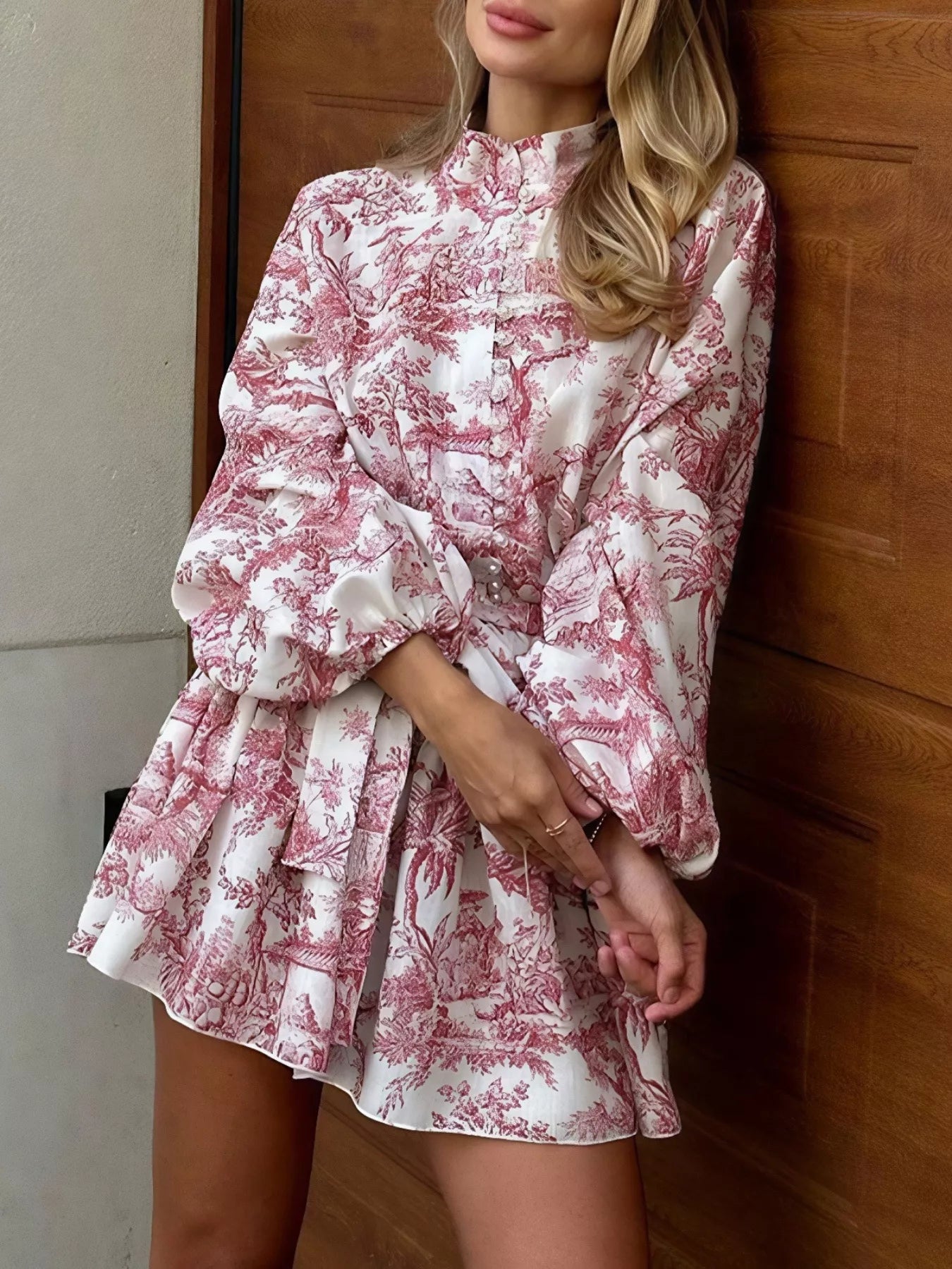 Women Printed Balloon Sleeve Tie Waist Dress