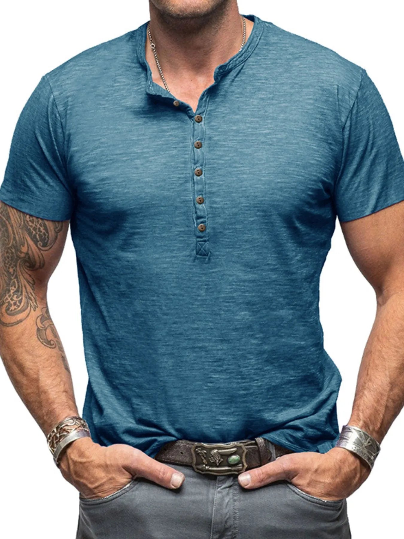 Men's Casual Henley Short Sleeve Button Top NicholesGifts