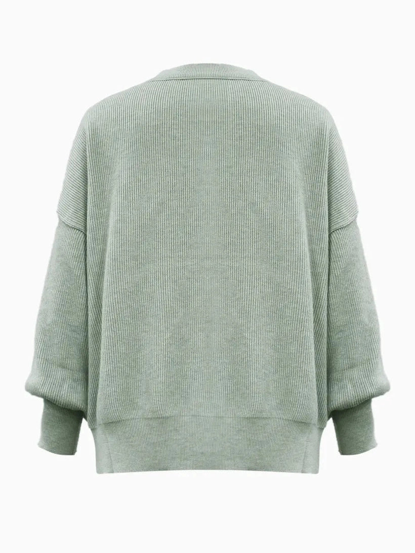 Round Neck Drop Shoulder Slit Sweater Trendsi