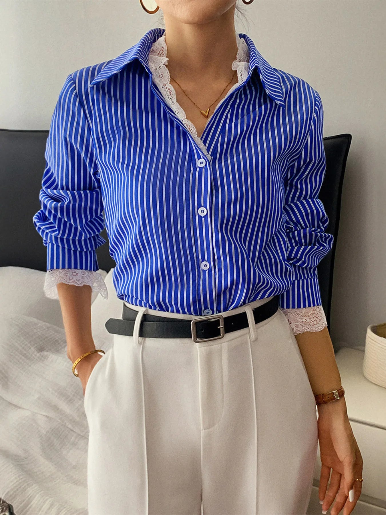 Striped Button-Down Shirt with Lace Detail NicholesGifts