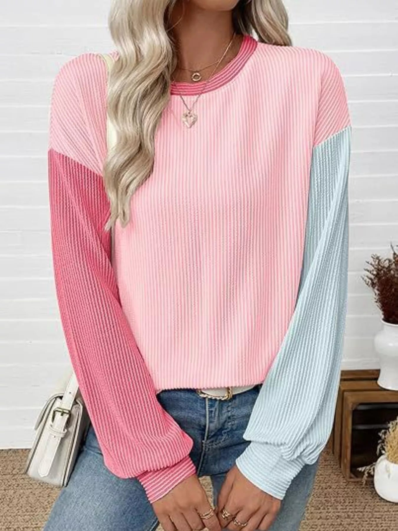 Color Block Ribbed Long Sleeve T-Shirt Trendsi