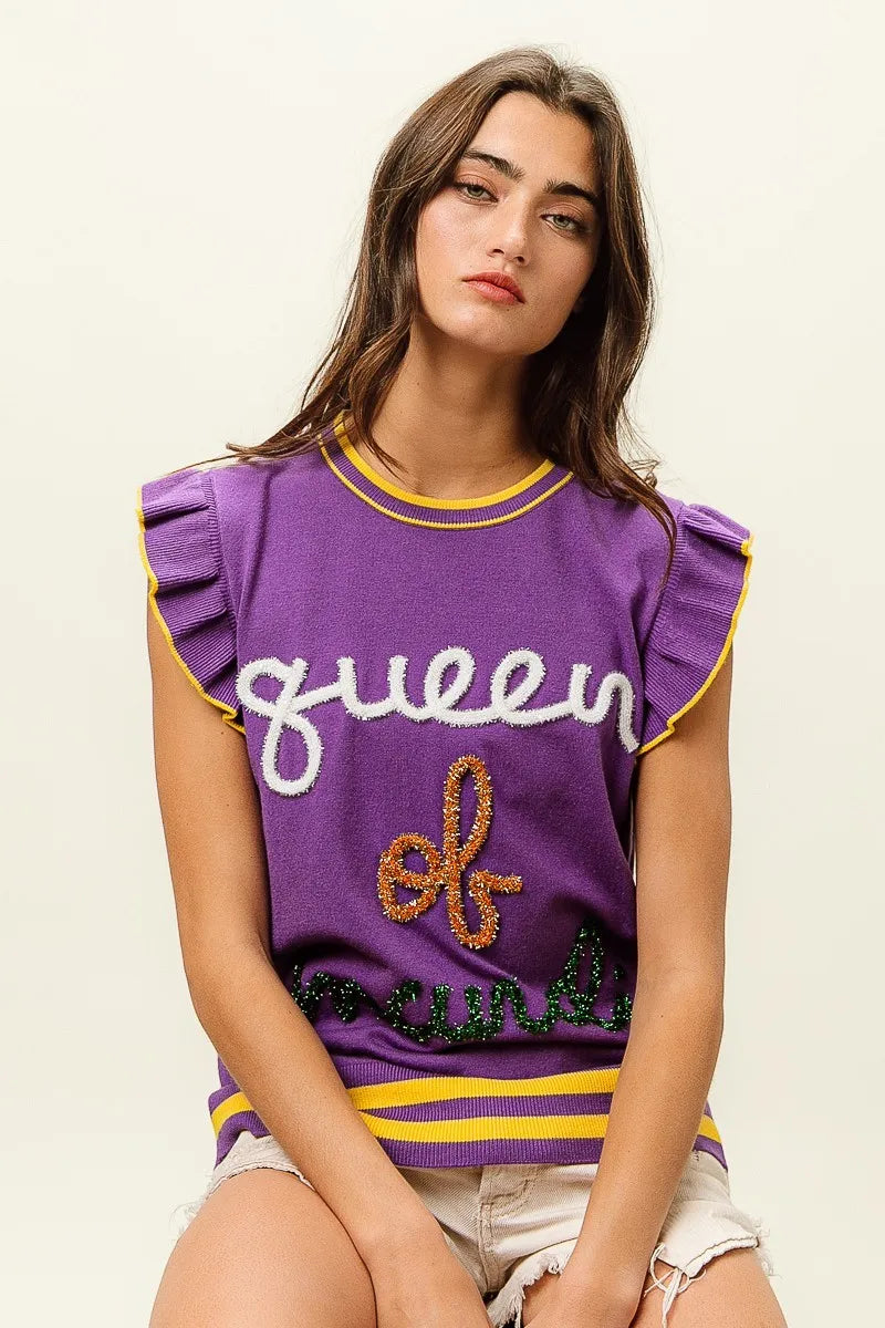 BiBi Queen Of Mardi Ruffled Armhole Sleeveless Knit Top