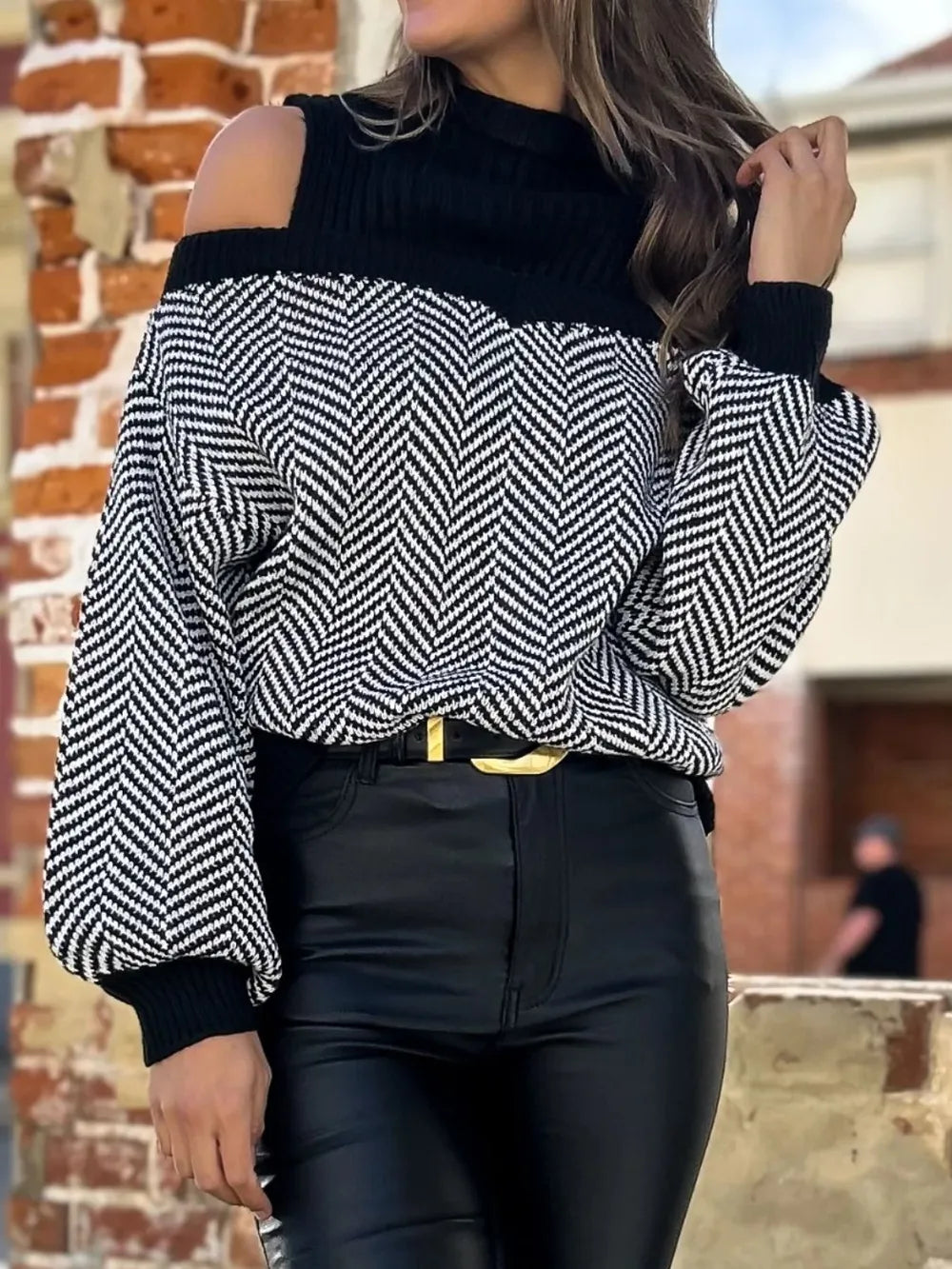 Women Perfee Mock Neck Cold Shoulder Sweater nicholesgifts
