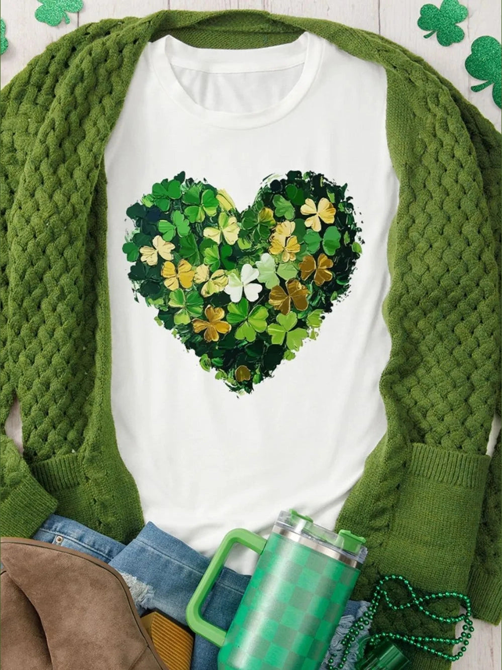 Clover Heart Round Neck Short Sleeve T-Shirt Trendsi