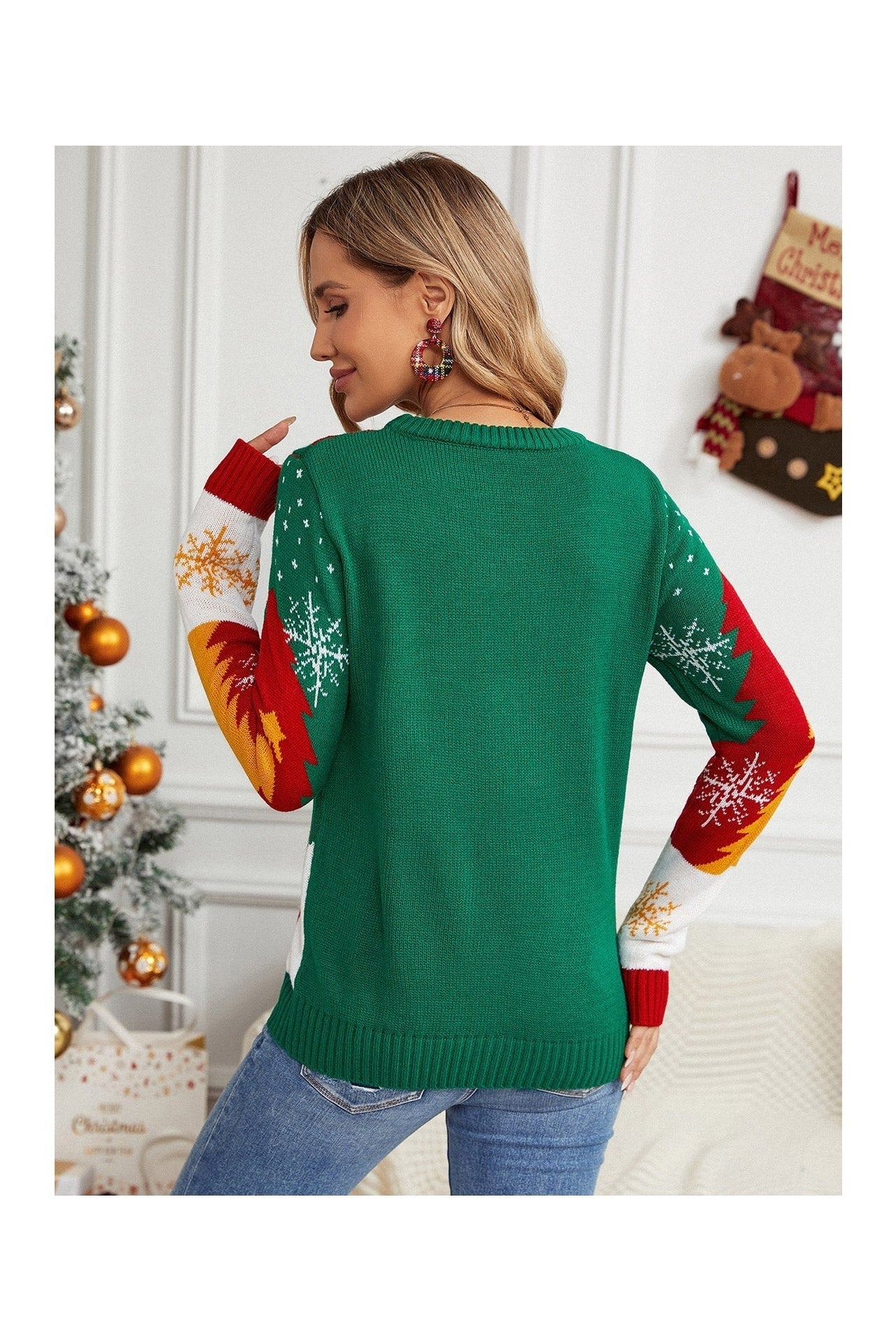 Printed Round Neck Long Sleeve Sweater nicholesgifts