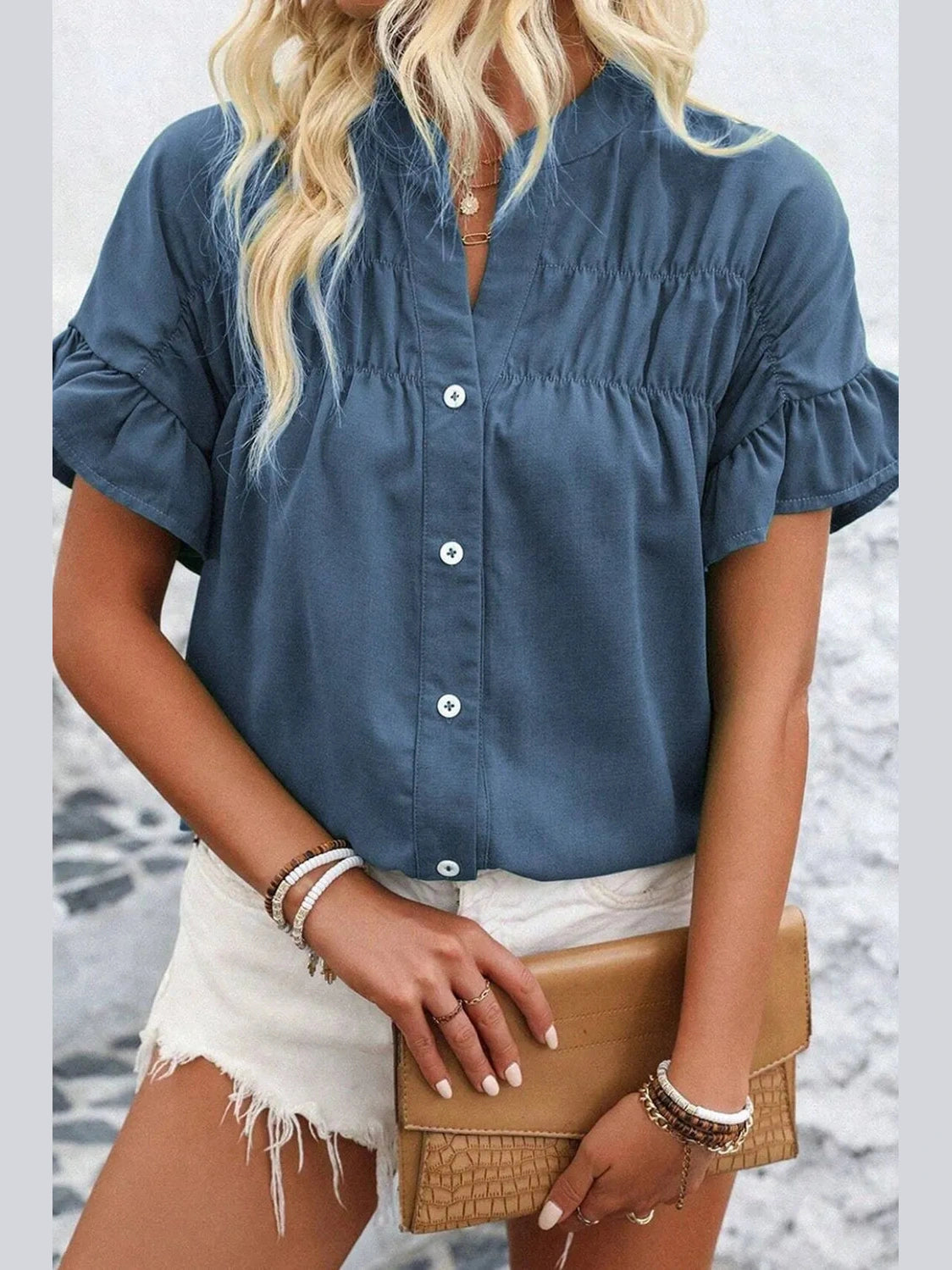 Ruffled Ruched Short Sleeve Button Down Shirt