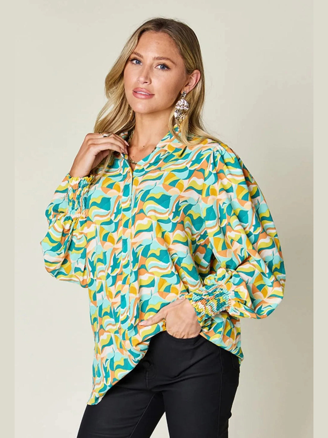 Double Take Full Size Printed Smocked Long Sleeve Blouse nicholesgifts