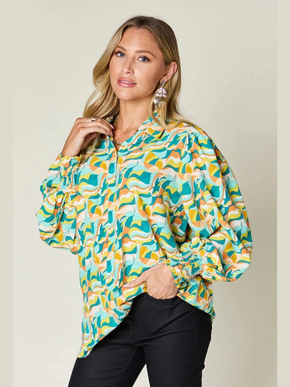 Double Take Full Size Printed Smocked Long Sleeve Blouse nicholesgifts