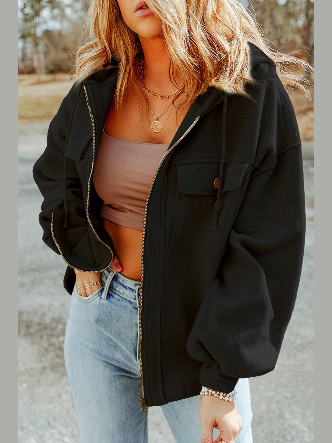 Zip-Up Drawstring Hooded Jacket nicholesgifts
