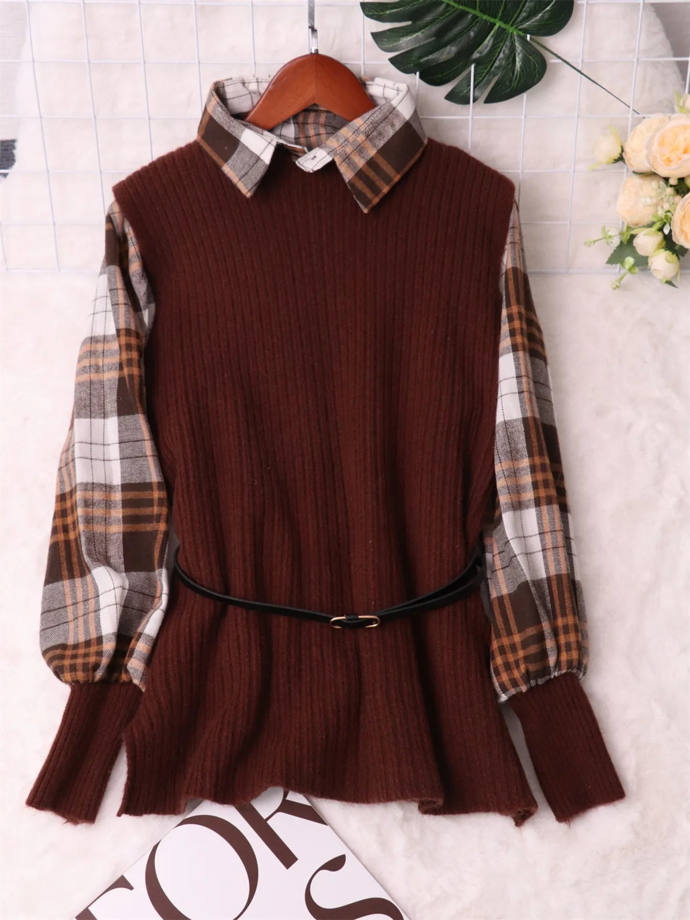 Plaid Long Sleeve Sweater Dress