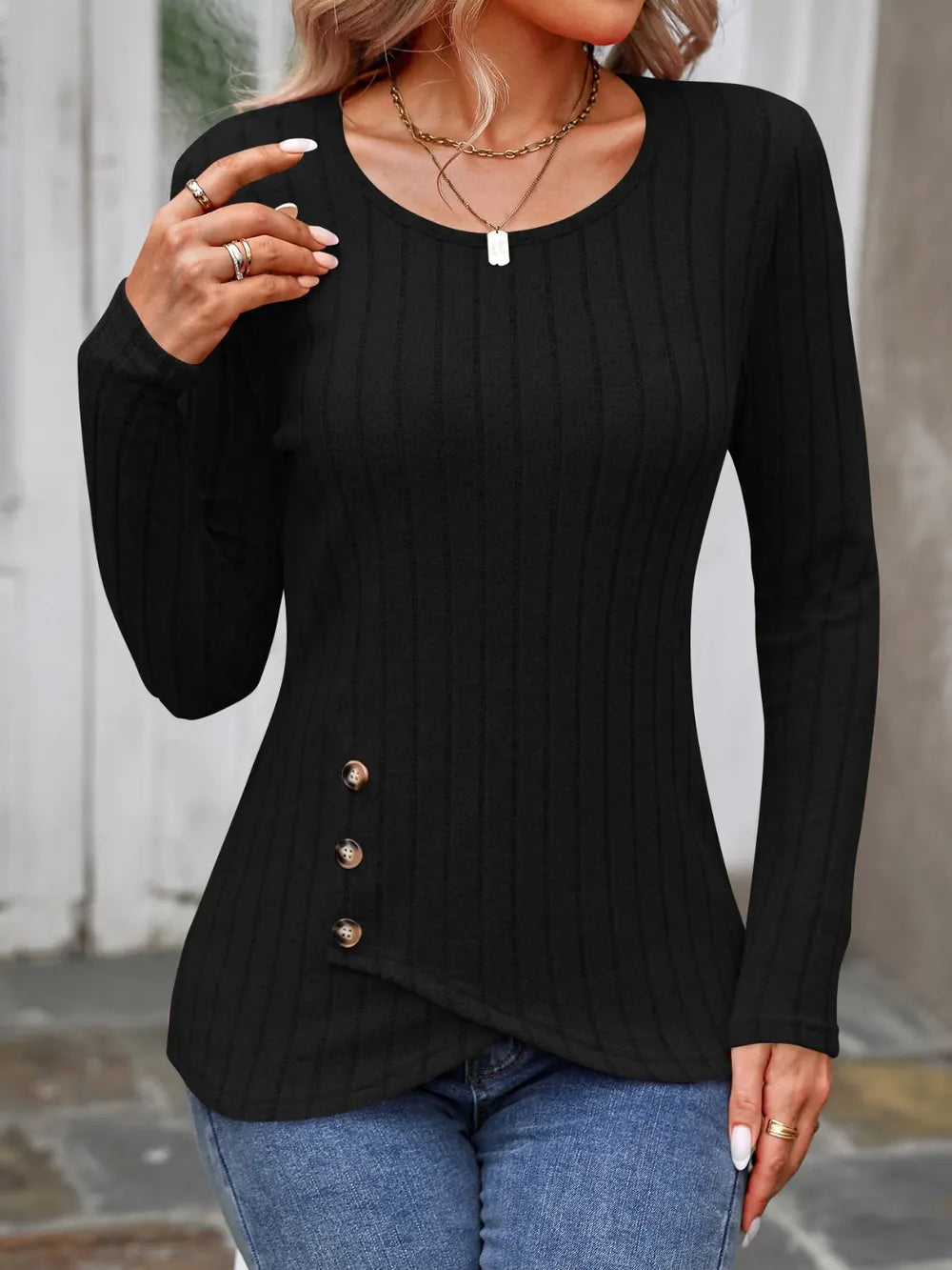 Decorative Button Round Neck Long Sleeve T-Shirt nicholesgifts