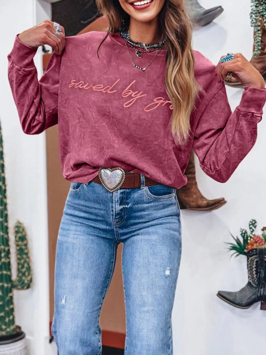 Saved By Grace Letter Embroidery Mineral Wash Loose Sweatshirt Trendsi
