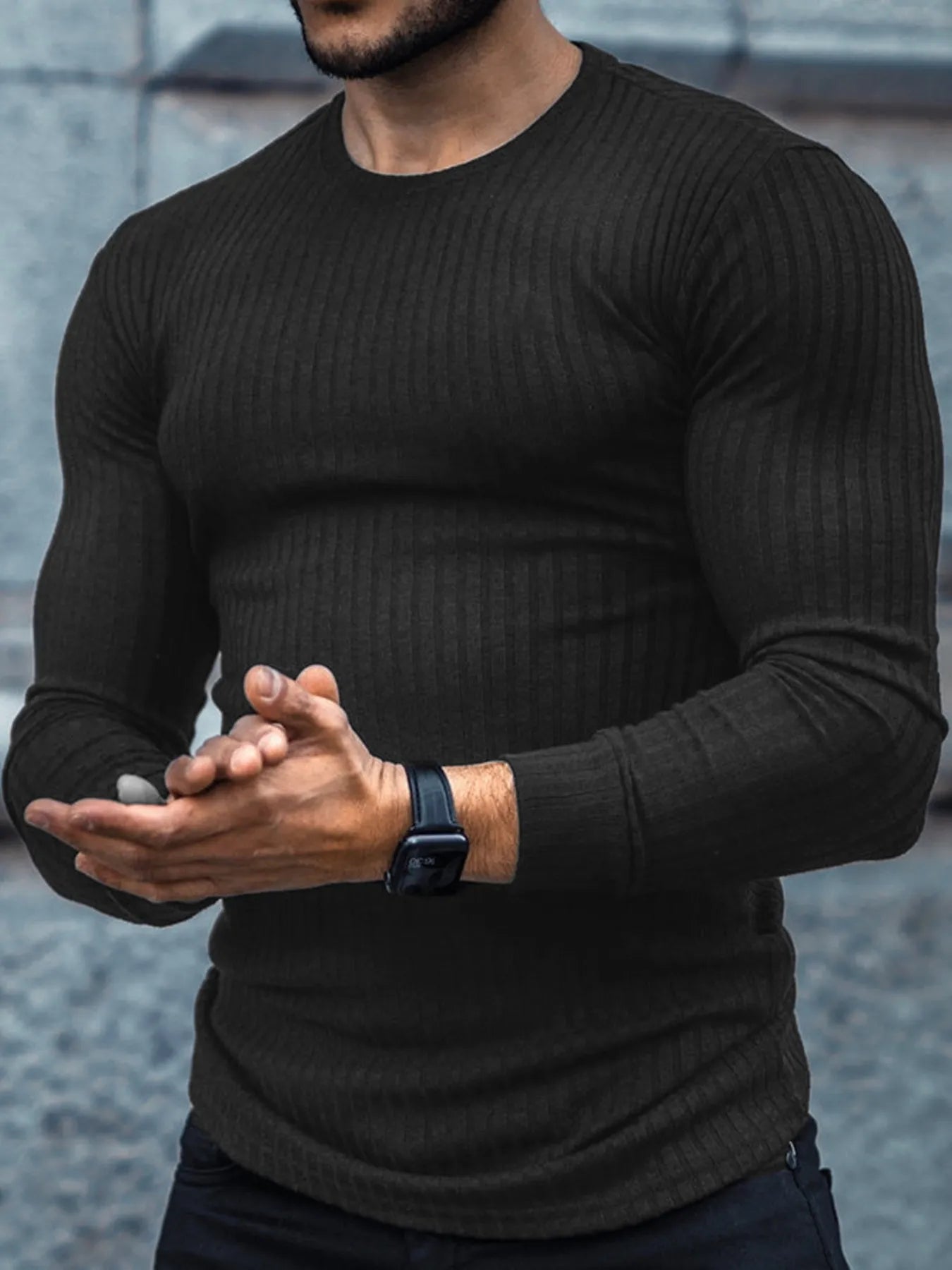 Men's Ribbed Round Neck Long Sleeve T-Shirt Trendsi