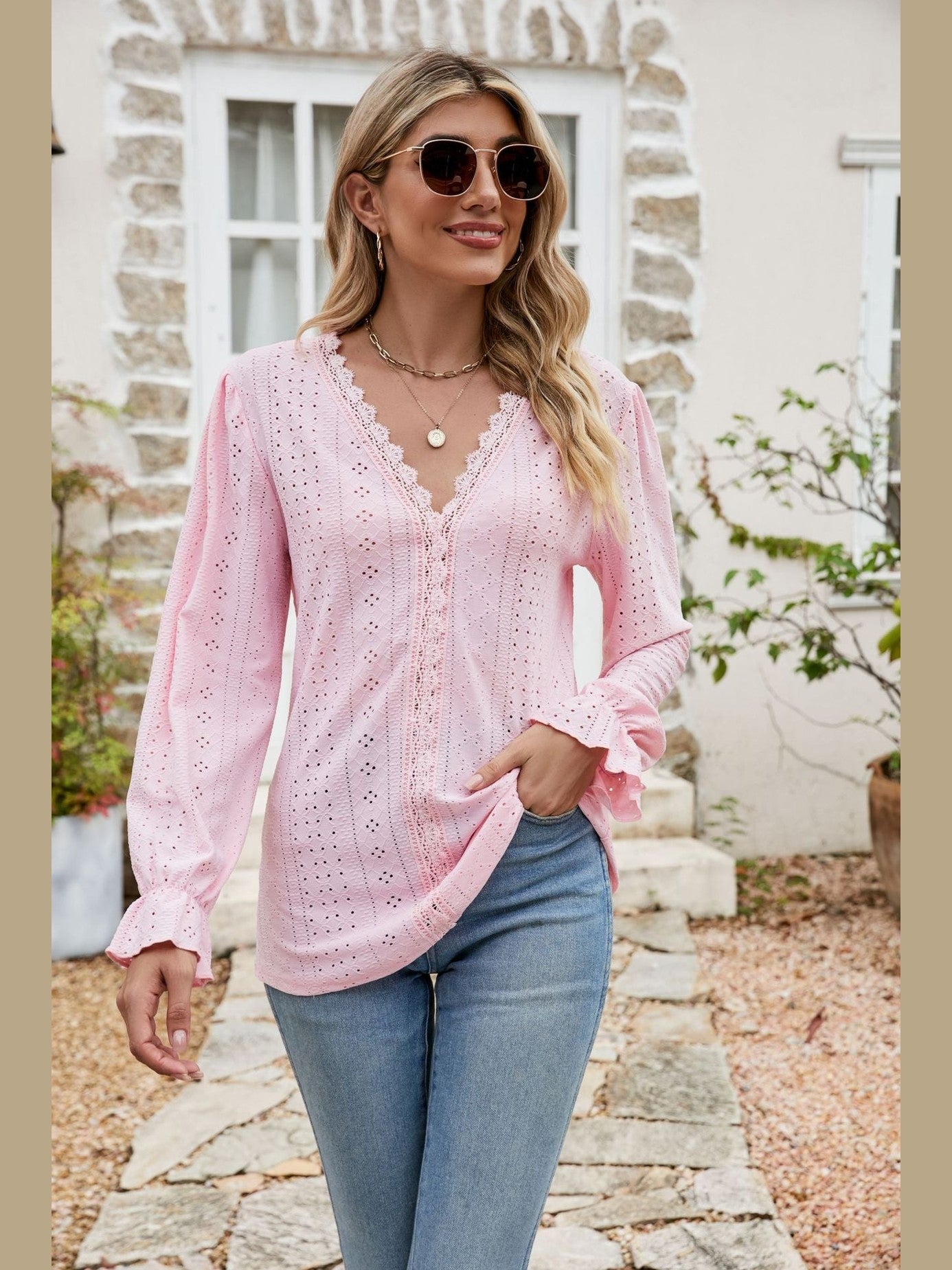 Eyelet Lace Trim Flounce Sleeve Blouse