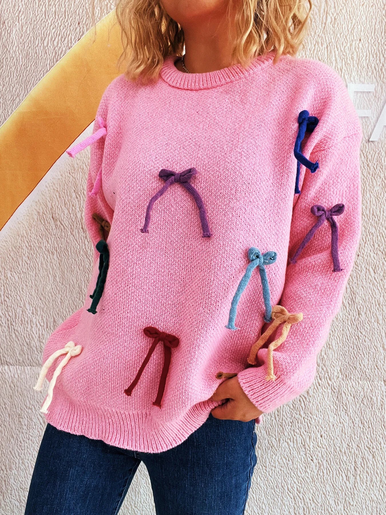 Colorful Bow Round Neck Sweater