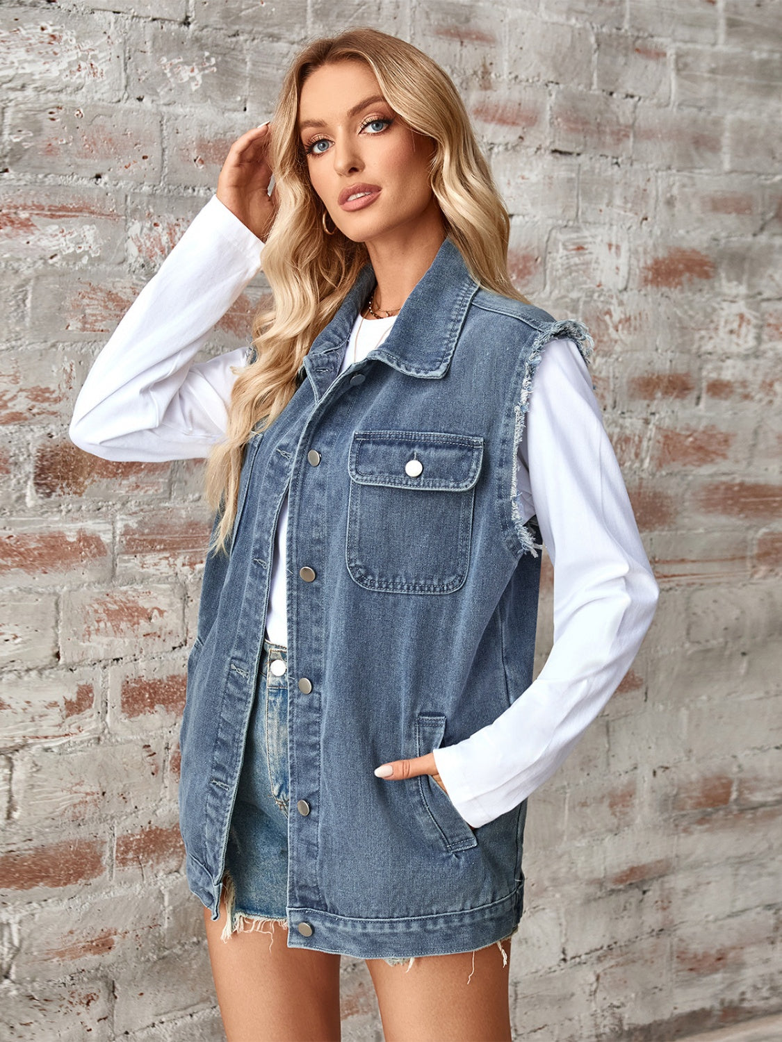 Raw Hem Sleeveless Button Up Denim Jacket nicholesgifts