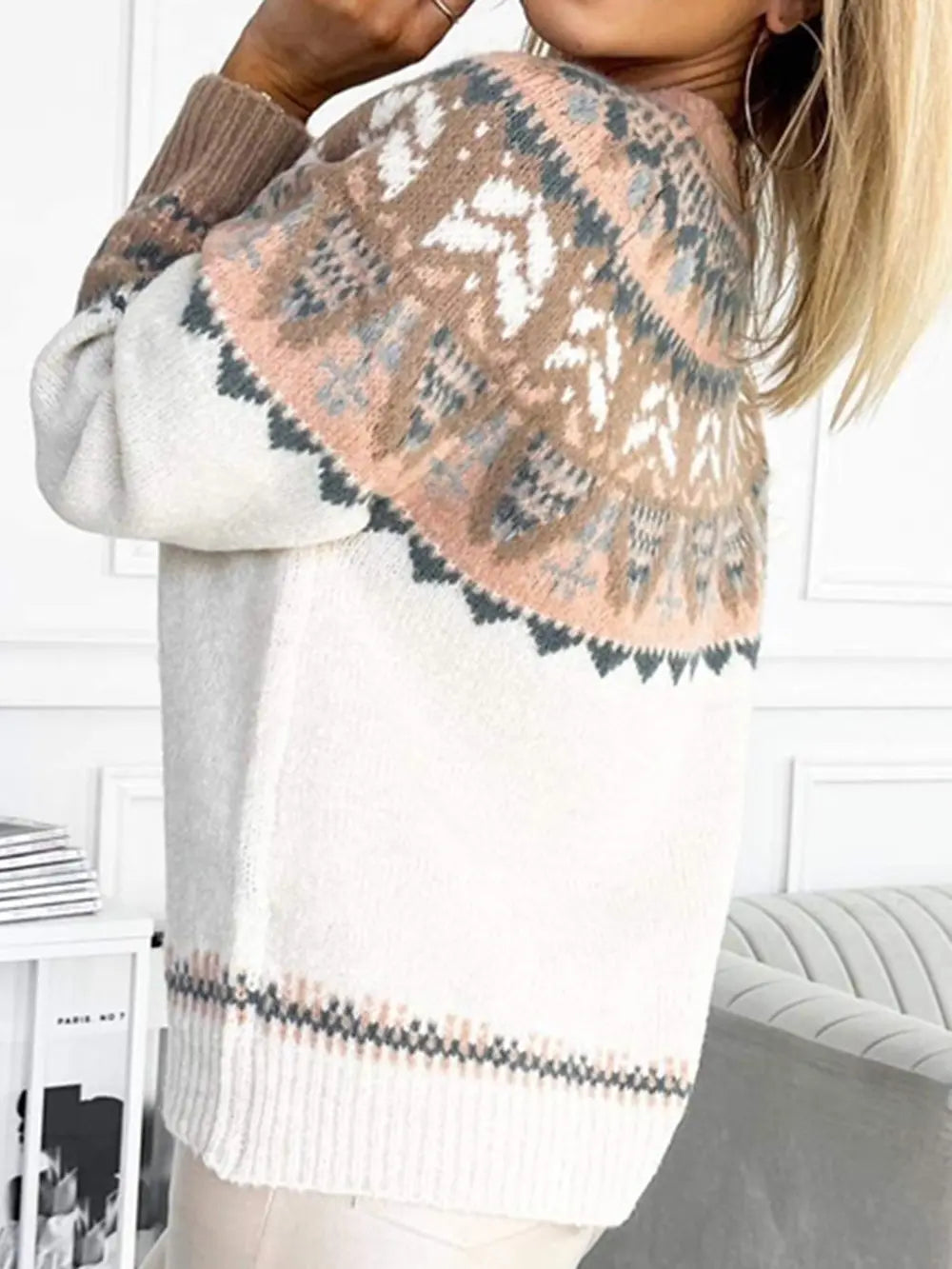 Geometric Round Neck Long Sleeve Sweater Trendsi