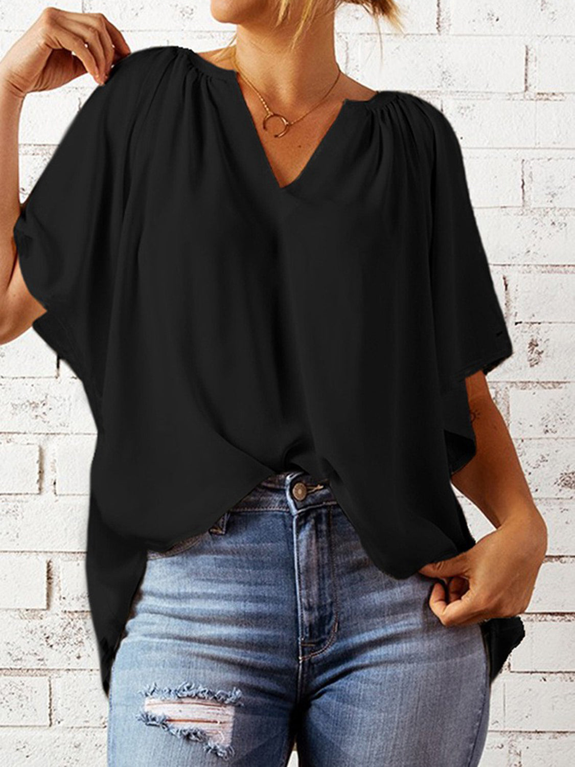 Ruched Notched Half Sleeve Blouse nicholesgifts