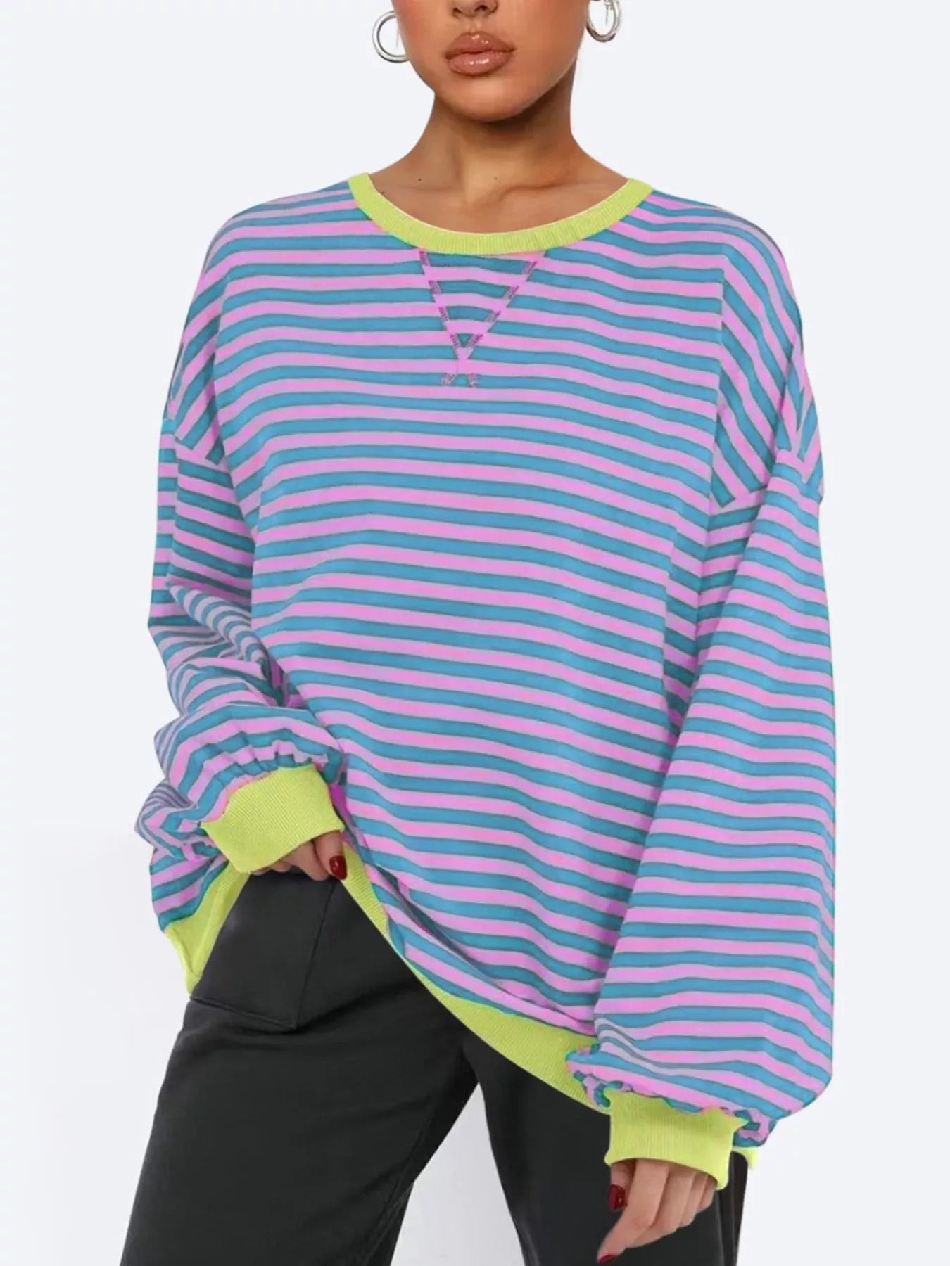 Striped Round Neck Long Sleeve Sweatshirt nicholesgifts