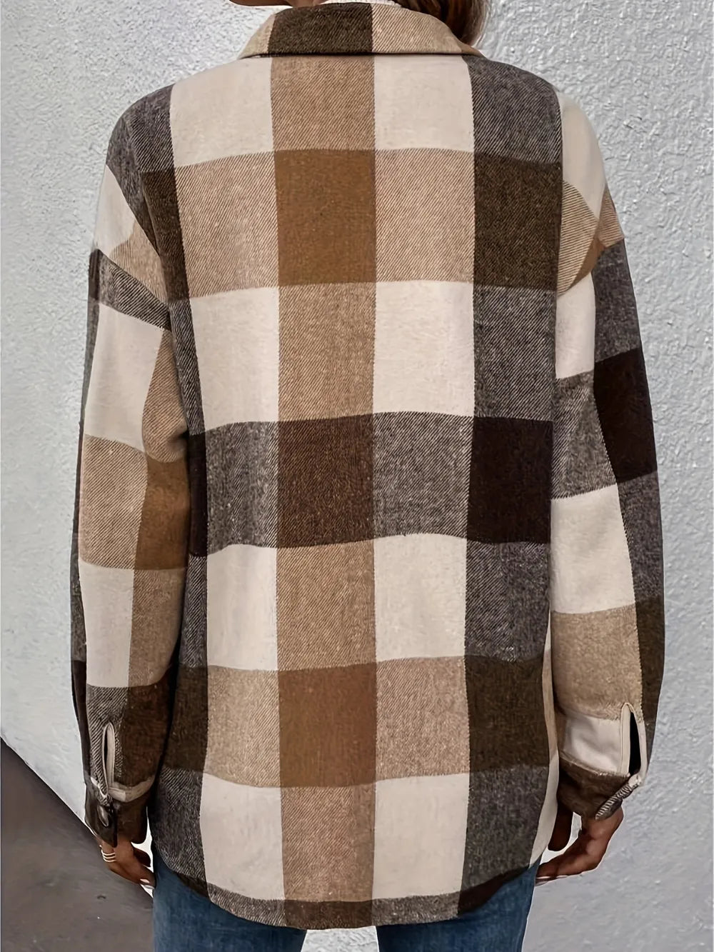 Curved Hem Plaid Collared Neck Shacket Trendsi