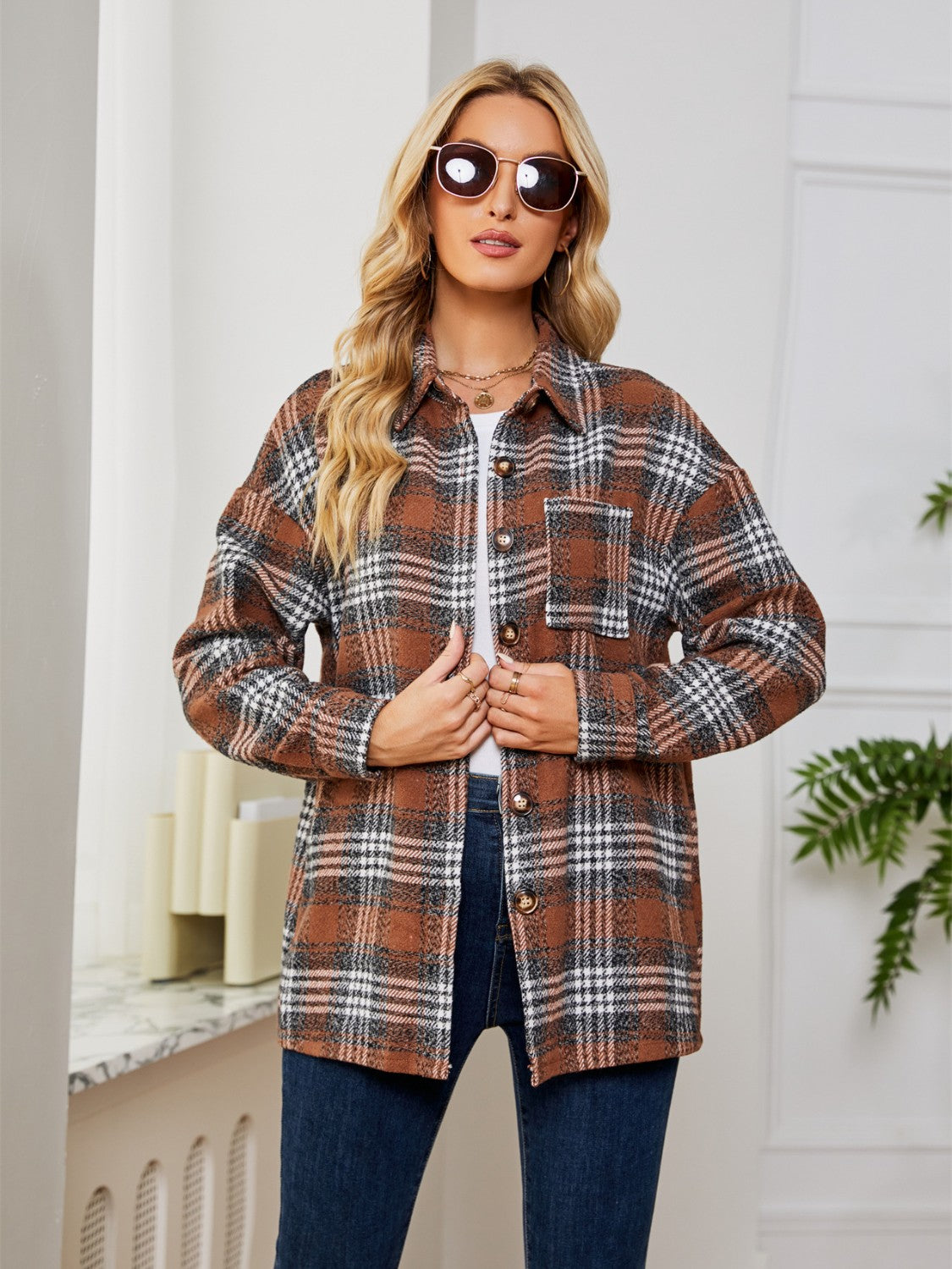 Plaid Collared Shirt Jacket nicholesgifts