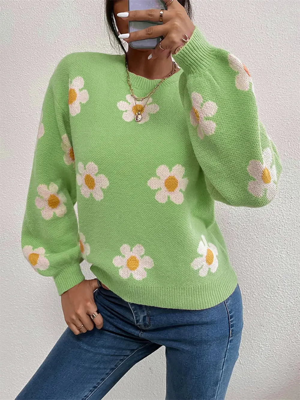 Flower Round Neck Latern Sleeve Sweater Trendsi