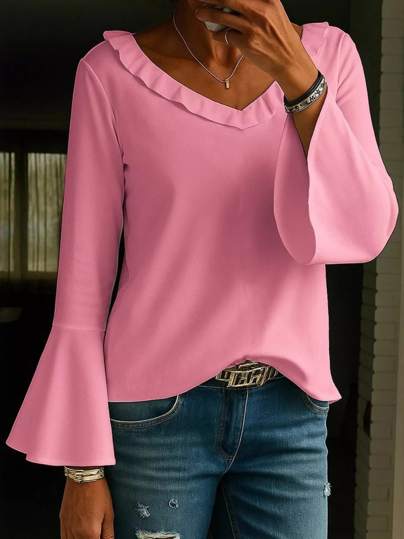 Full Size Ruffled V-Neck Long Sleeve Blouse Plus Size