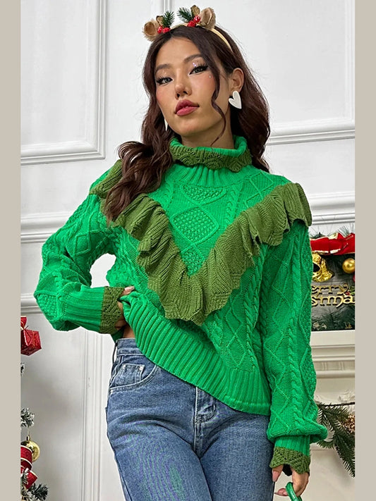 Cable-Knit Ruffled Mock Neck Lantern Sleeve Sweater Trendsi